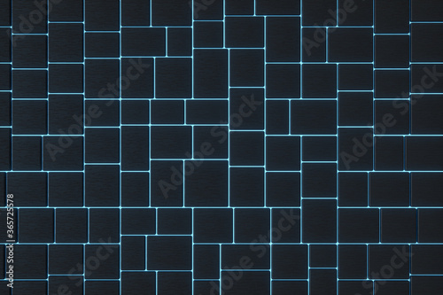 Tile cubes with glowing lines gap, 3d rendering.