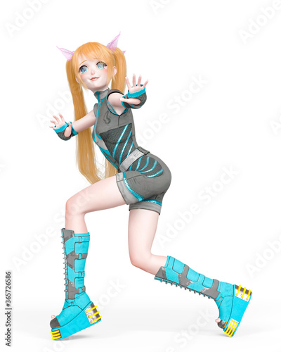 blond girl in a super action pose wearing a sporty outfit on kwaii anime style in white background