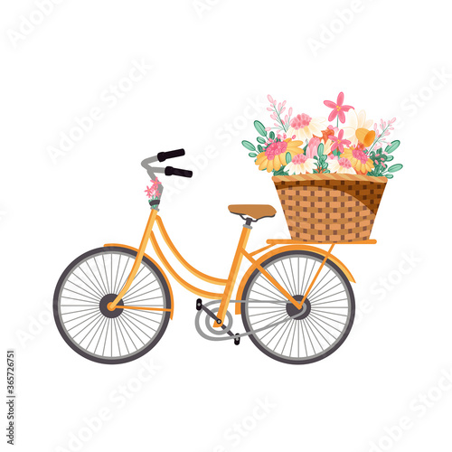 Bicycle with flowers on basket isolated white background, botanical flat illustrations. Spring flowers clip art. Seamless frame for poster © Re_margarita_art