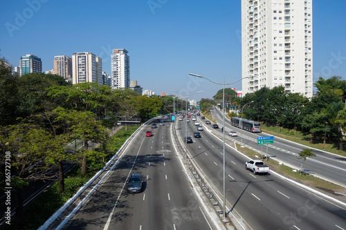 traffic jam on large avenue in Sao Paulo city  cityscape