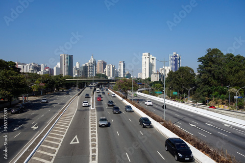 traffic jam on large avenue in Sao Paulo city, cityscape © Caio