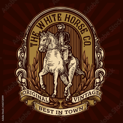 horseman riding a horse for vintage badge logo vector illustration