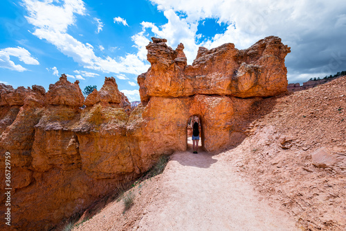 Fototapete Young woman standing in desert landscape tunnel arch in Bryce Canyon National Pa