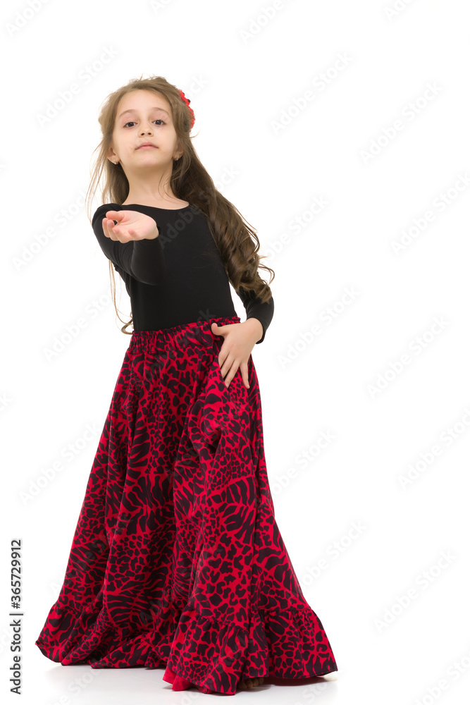 Pretty Girl in Black and Red Long Dress Dancing.
