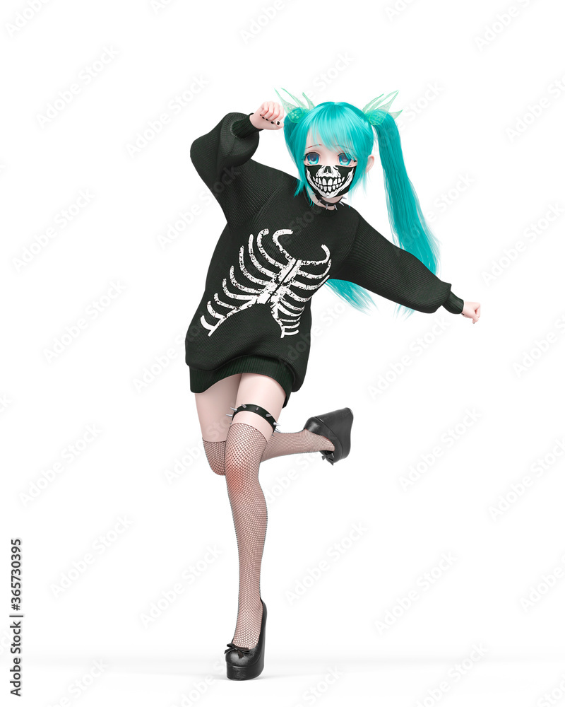 street girl is running and wearing a skeleton outfit on kwaii anime style