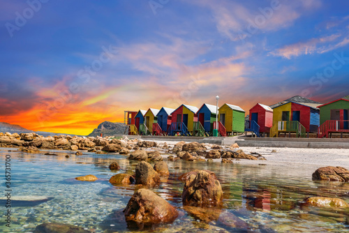 Obraz na płótnie Muizenberg beach huts wooden cabins at twilight in Cape Town South Africa w salonie
