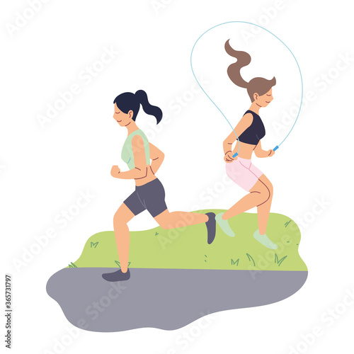 Women jumping and running vector design