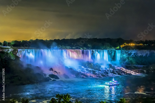 Niagara Falls close-up panorama by night. Ontario  Canada.