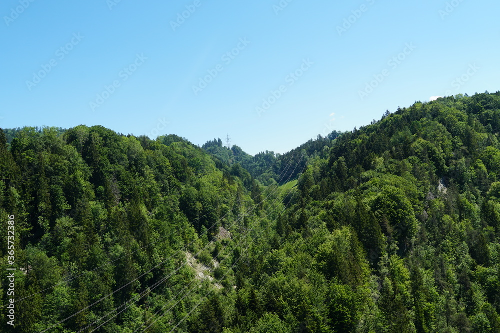 Two small hills covered by mixed forests. Between them there are wires or cables for transport of electricity and a pillar or mast on the horizon.