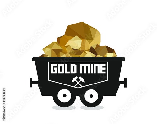 Gold mine wagon. Trolley with gold.