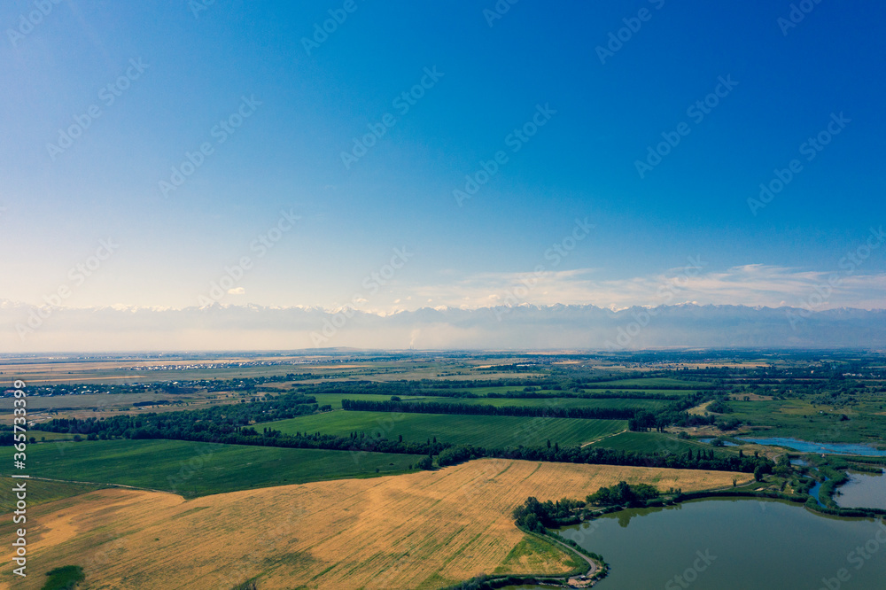 View of fields and hills, Almaty, Kazakhstan
