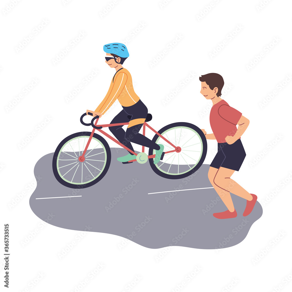Men riding bike and running at street vector design Men riding bike and running at street vector design