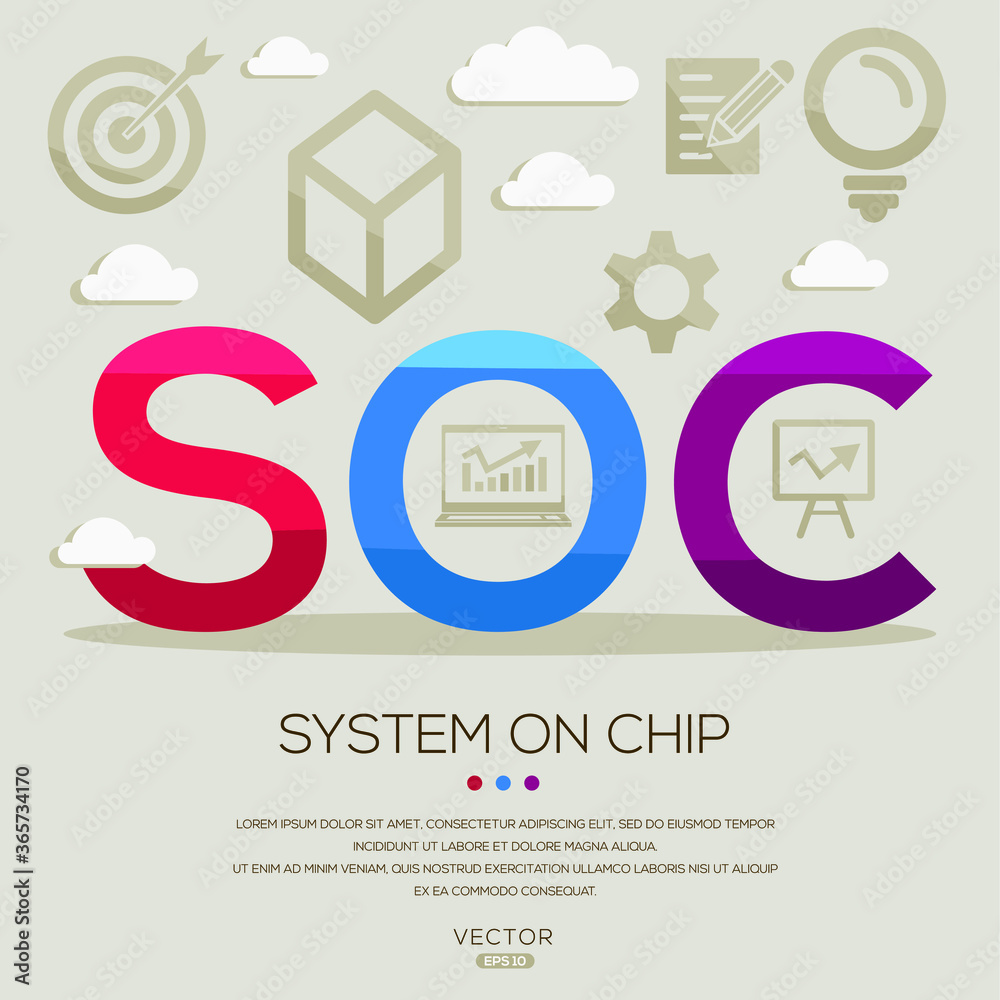 Fototapeta premium SOC mean (system on chip) ,letters and icons,Vector illustration. 