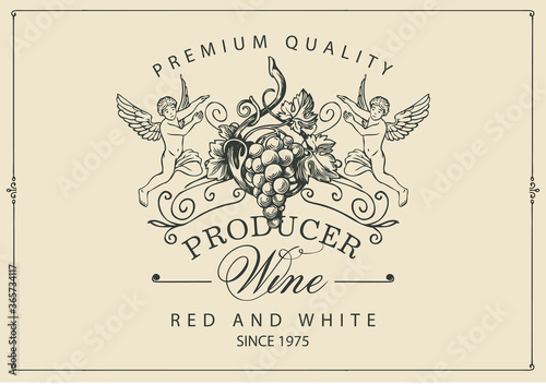 Wine label with a bunch of grapes, angels and calligraphic inscription in retro style. Vector hand-drawn label on a light background