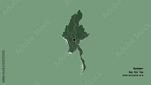 Rakhine, state of Myanmar, with its capital, localized, outlined and zoomed with informative overlays on a administrative map in the Stereographic projection. Animation 3D photo