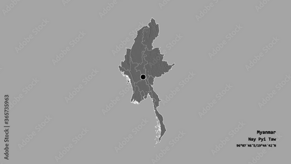 Tanintharyi, division of Myanmar, with its capital, localized, outlined and zoomed with informative overlays on a bilevel map in the Stereographic projection. Animation 3D Tanintharyi, division of Myanmar, with its capital, localized, outlined and zoomed with informative overlays on a bilevel map in the Stereographic projection. Animation 3D