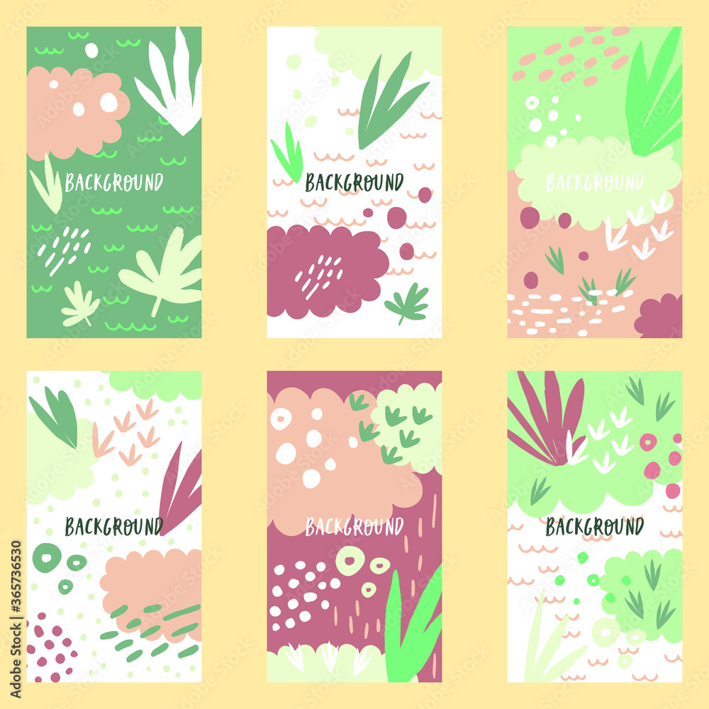 Vector set of six abstract backgrounds in a trendy style with space for text. Design templates for social media stories and bloggers Wallpapers for social networks with graphic and plant elements