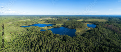 Aerial drone view of blue lakes and green forest. Blue sky and clouds.  Beautiful summer landscape in Finland. Seitseminen National park. photo