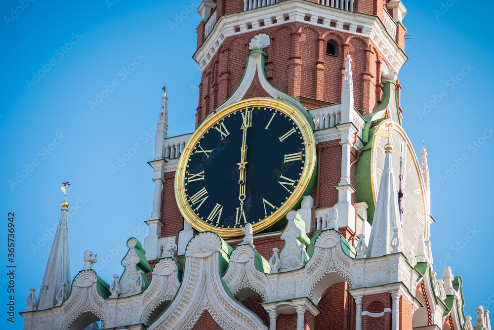 Moscow, Russia, July, 2020 - 6 pm on the chimes on the Kremlin's Spasskaya Tower