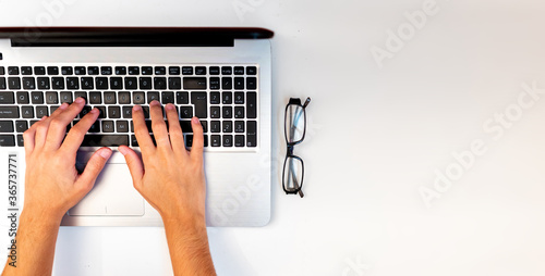 Blogger typing in laptop, working online, cloud computing, with blank space