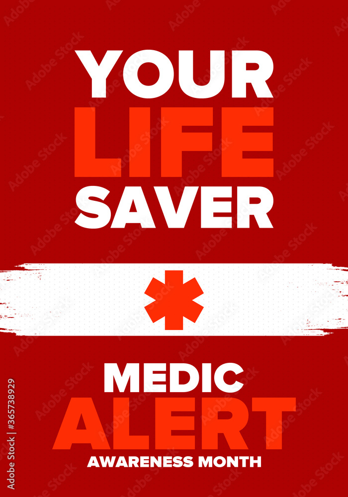 Medic Alert Awareness Month in August. Medical bracelets. First aid, emergency. Medical design. Celebration in United States. Poster, greeting card, banner and background. Vector illustration Medic Alert Awareness Month in August. Medical bracelets. First aid, emergency. Medical design. Celebration in United States. Poster, greeting card, banner and background. Vector illustration
