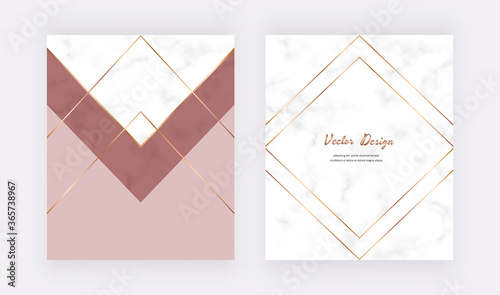 Geometric cover design with nude and gold triangles, lines on the marble texture.
