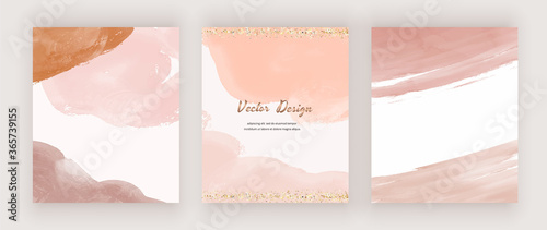 Abstract mid century design backgrounds with watercolor shapes, golden glitter confetti
