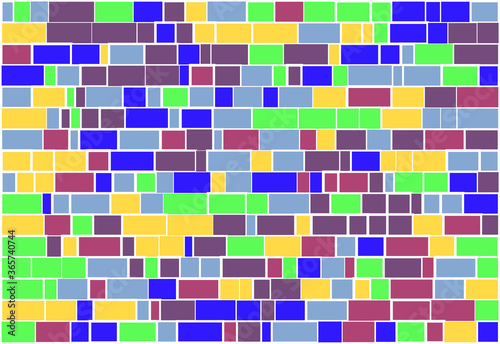 Multicolor brick wall from nested rectangles vector background with six different colors, mosaic pattern with random white borders, useful for backgrounds, wallpapers and wrapping