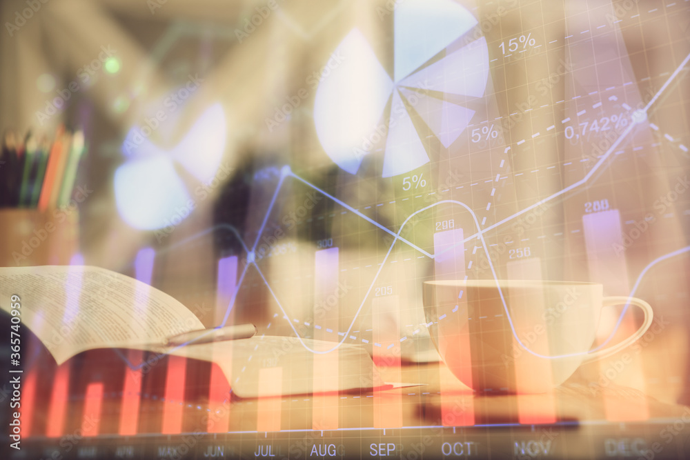 Multi exposure of forex graph drawing and desktop with coffee and items on table background. Concept of financial market trading Multi exposure of forex graph drawing and desktop with coffee and items on table background. Concept of financial market trading