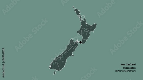 Hawke's Bay, regional council of New Zealand, with its capital, localized, outlined and zoomed with informative overlays on a administrative map in the Stereographic projection. Animation 3D