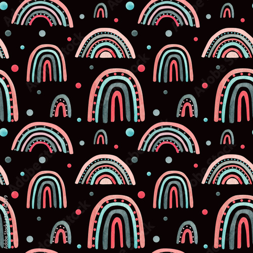 Watercolor nursery pink raindow seamless pattern. Hand painted rainbows on darck black background. Baby shower girl rainbow scrapbook paper. Kids fabric design illustration trendy pastel colors
