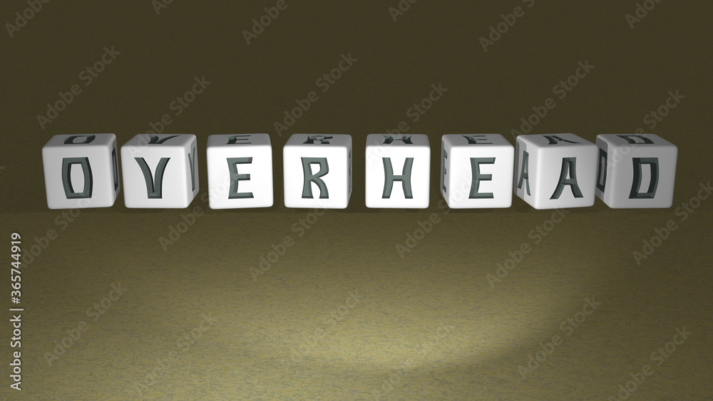 Obraz premium alphabetic OVERHEAD arranged by cubic letters on a mirror floor, concept meaning and presentation in 3D perspective. view and background