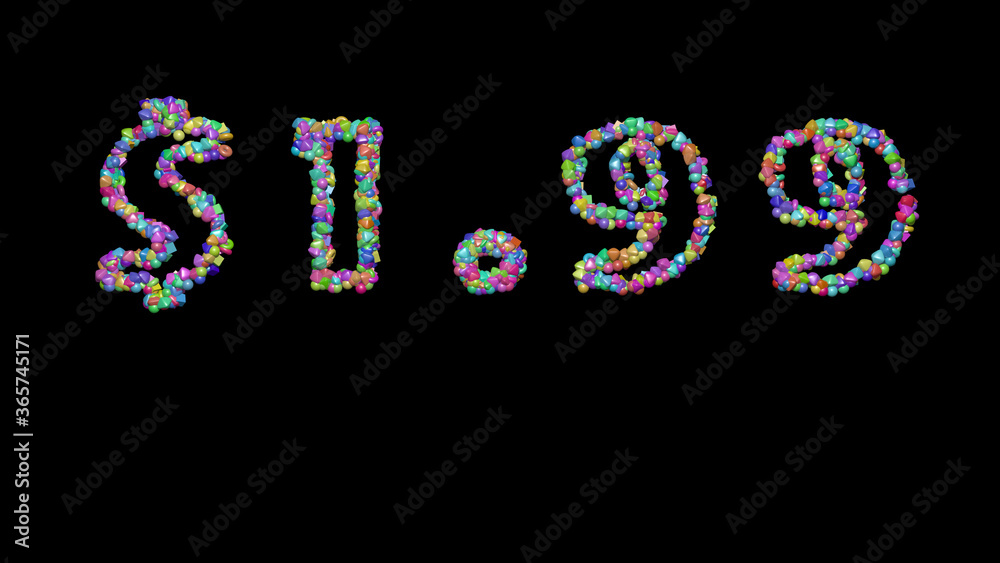 $1. written in 3D illustration by colorful small objects casting shadow on a black background $1. written in 3D illustration by colorful small objects casting shadow on a black background