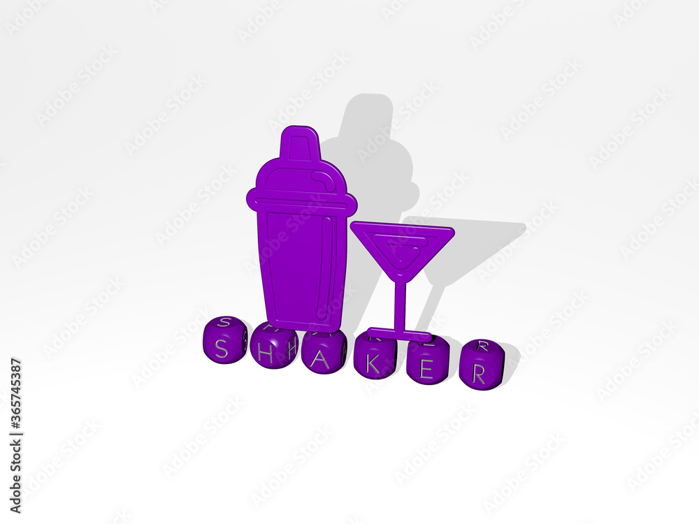 3D representation of SHAKER with icon on the wall and text arranged by metallic cubic letters on a mirror floor for concept meaning and slideshow presentation. background and cocktail 3D representation of SHAKER with icon on the wall and text arranged by metallic cubic letters on a mirror floor for concept meaning and slideshow presentation. background and cocktail