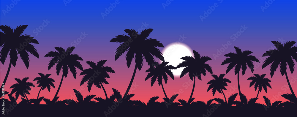 palm trees at the twilight, sunset sky and tropical beach