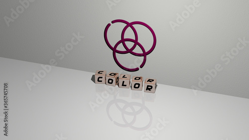 3D representation of color with icon on the wall and text arranged by metallic cubic letters on a mirror floor for concept meaning and slideshow presentation. background and illustration photo