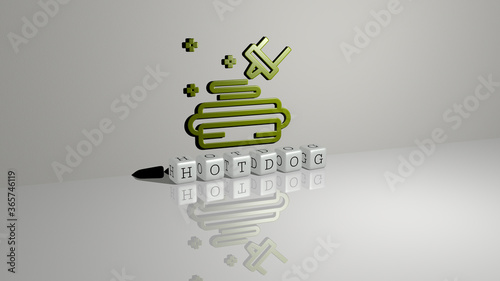 3D illustration of hotdog graphics and text made by metallic dice letters for the related meanings of the concept and presentations. food and fast