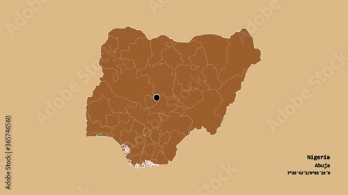 Akwa Ibom, state of Nigeria, with its capital, localized, outlined and zoomed with informative overlays on a solid patterned map in the Stereographic projection. Animation 3D photo