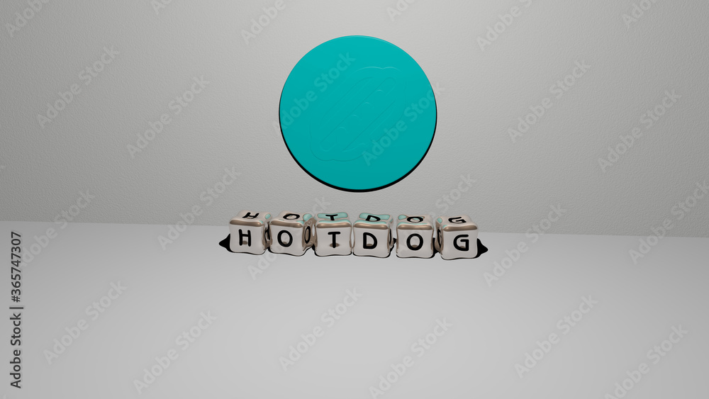 3D illustration of HOTDOG graphics and text made by metallic dice letters for the related meanings of the concept and presentations. food and fast 3D illustration of HOTDOG graphics and text made by metallic dice letters for the related meanings of the concept and presentations. food and fast