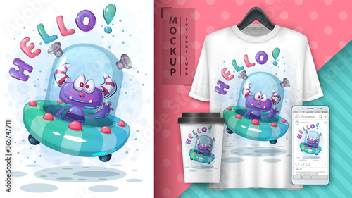 Hello alien poster and merchandising.