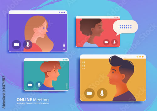 Video conference call of a business group meeting. Work from Home, Online webinar. Technology concept vector illustration.