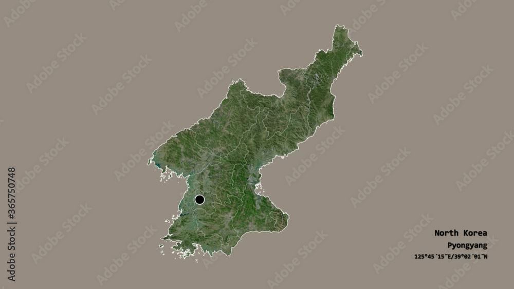 Hwanghae-bukto, province of North Korea, with its capital, localized, outlined and zoomed with informative overlays on a satellite map in the Stereographic projection. Animation 3D Hwanghae-bukto, province of North Korea, with its capital, localized, outlined and zoomed with informative overlays on a satellite map in the Stereographic projection. Animation 3D