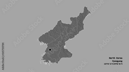 Hwanghae-namdo, province of North Korea, with its capital, localized, outlined and zoomed with informative overlays on a bilevel map in the Stereographic projection. Animation 3D photo