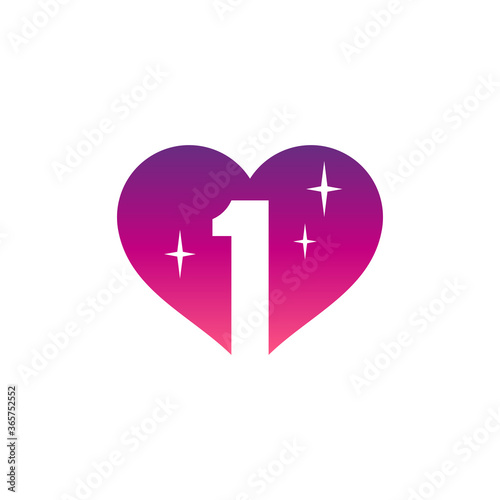 First love, heart with number 1 logo concept, simple flat logo design, gradient red purple colors