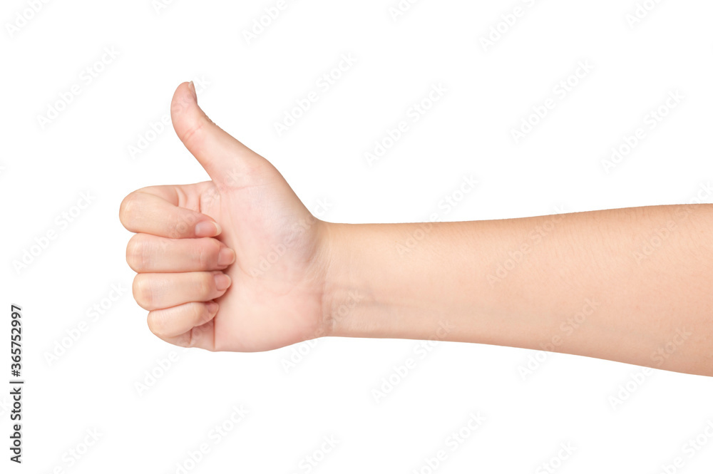 Young Female hand with thumb up on white background. Young Female hand with thumb up on white background.