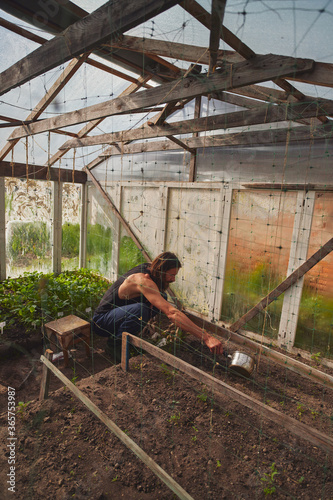 Young Caucasian rural man watering seedlings in his greenhouse.