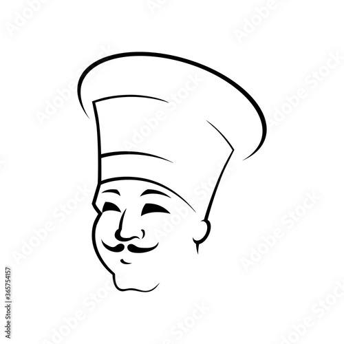 Smiling chef outline vector illustration. Italian baker in chef cap ink pen sketch. Confectioner, gourmet with mustache freehand drawing. Bakery, restaurant logotype. Catering service design element