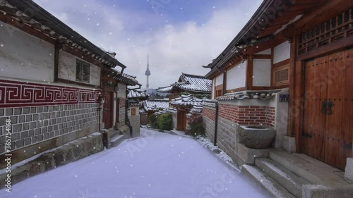  snow storm at Bukchon Hanok Village. is one of the most popular tourist attractions in Seoul.south korea.