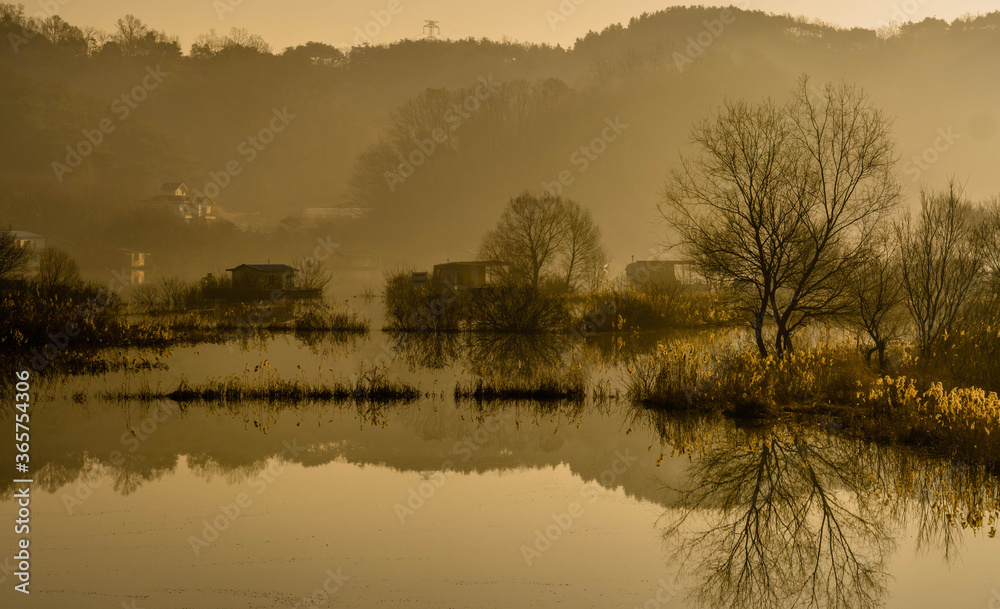 Fishing cabins, reflections in water