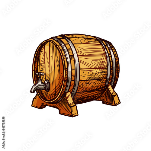 Barrel with tap, wine or beer alcohol drinks keg isolated sketch. Vector wooden container with faucet